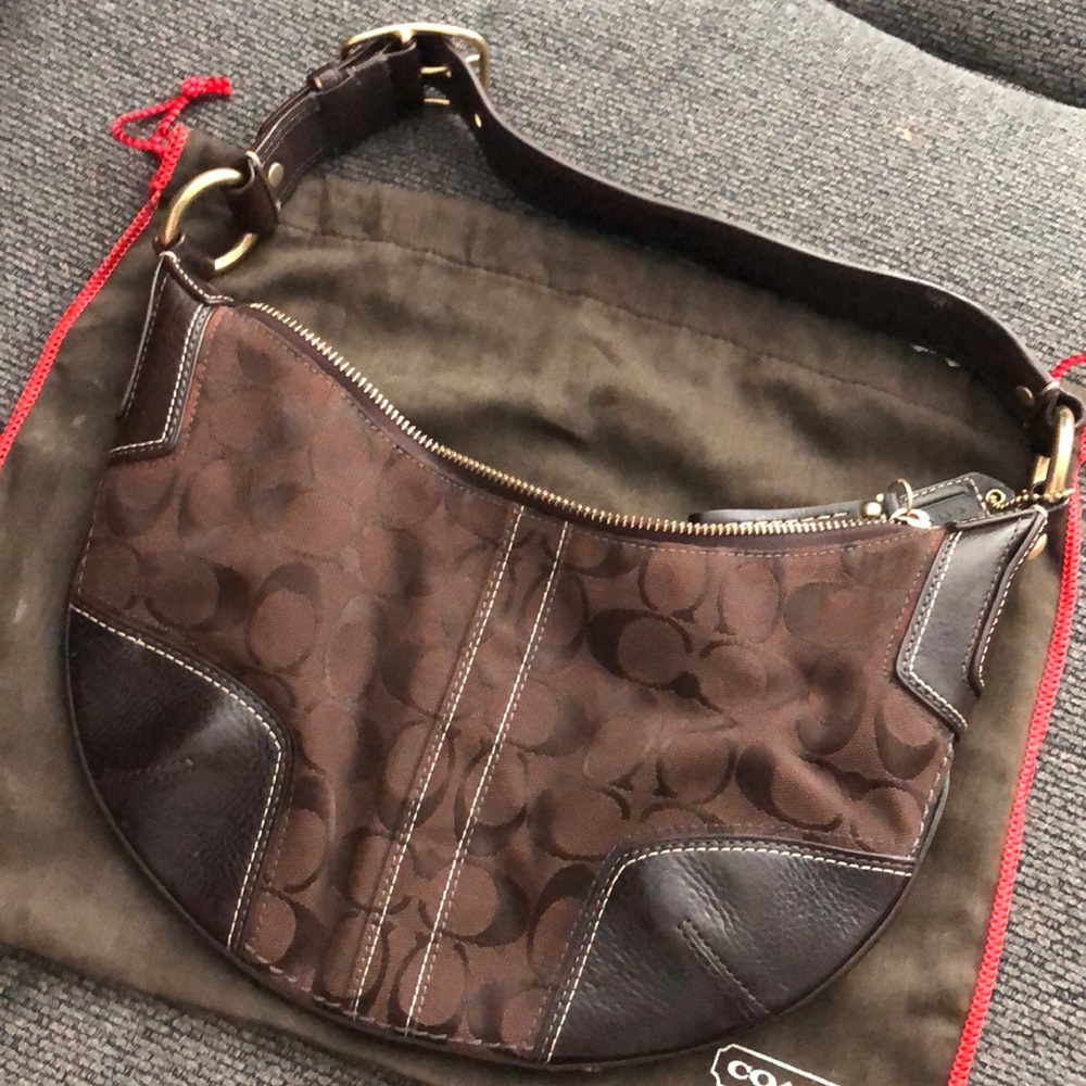 COACH SIGNATURE JACQUARD MINI BROWN HOBO SATCHEL